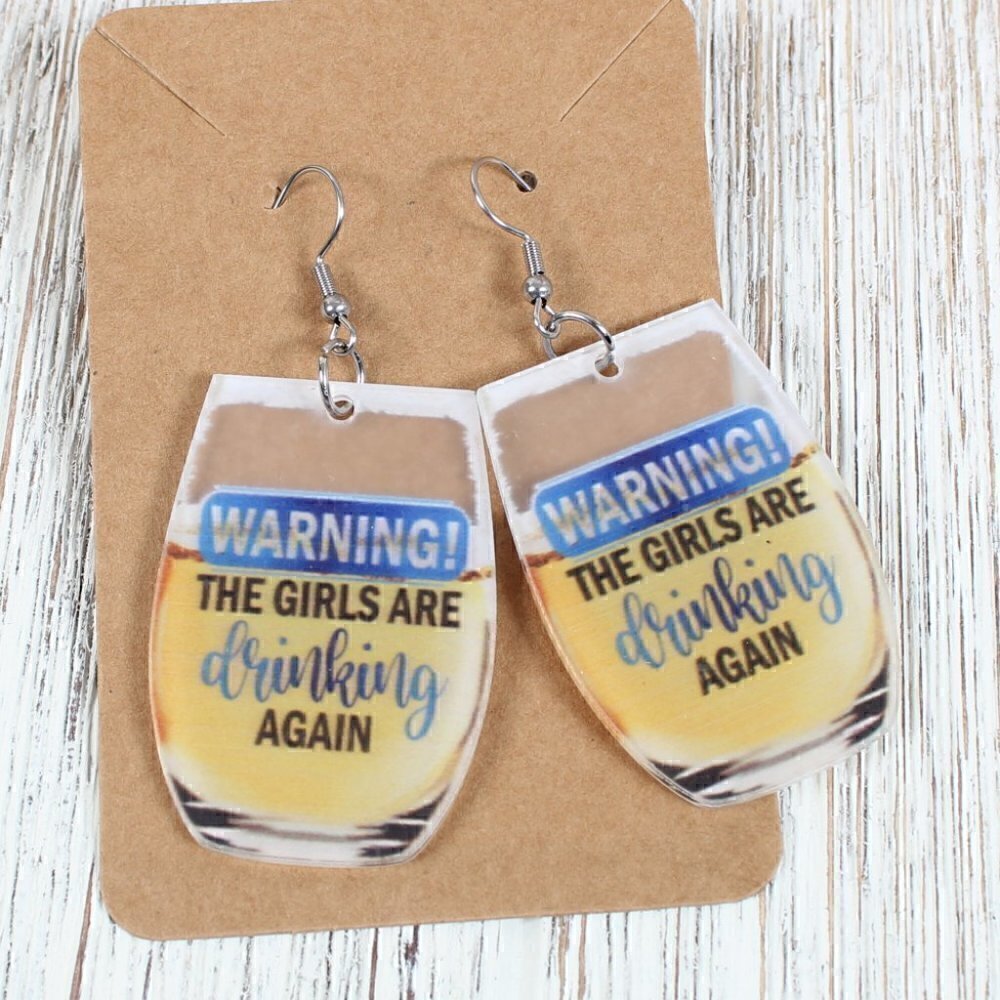 Funny Acrylic Dangle Earrings Cocktail Girls Drinking Again Statement Earrings